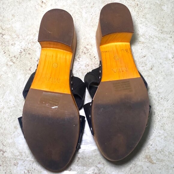 Mia Merel Black Faux Leather Open-Toe Sandals Wood Like Platform Heel Size 7 - Picture 7 of 9